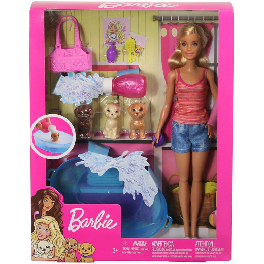 Barbie Doll Blonde and Playset with 3 Puppies, Bathtub and Accessories