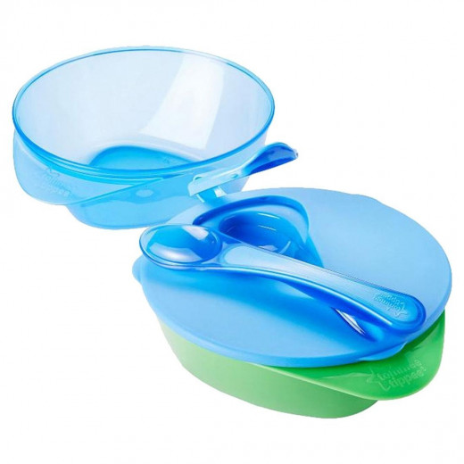 Tommee Tippee Easy Scoop Feeding Bowls With Lid and Spoon, Blue&Green