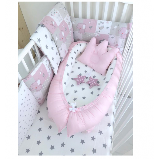 Anett Newborn Baby Bedding Set, Pink and White with Grey Stars