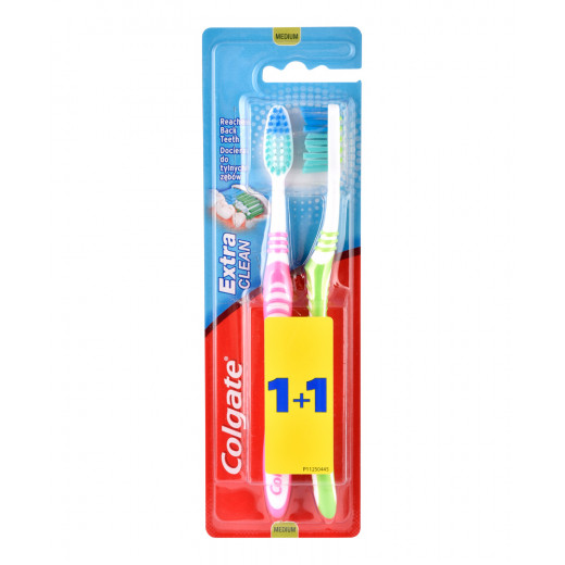 Colgate Extra Clean Medium 1 + 1 Toothbrush, Assorted