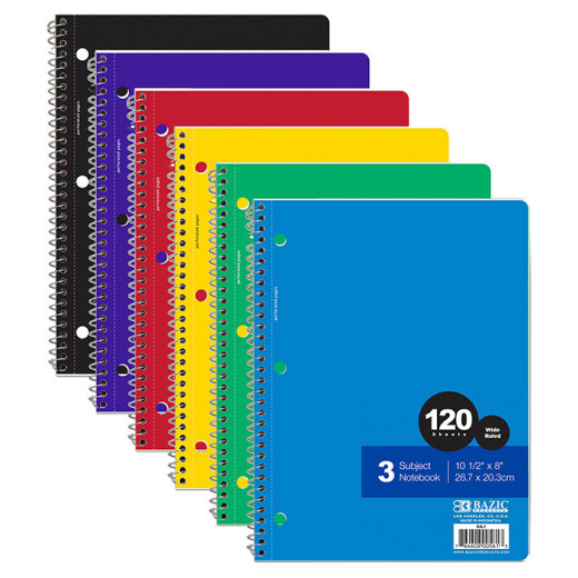 Bazic Spiral-Bound Wide Ruled 3-subject Notebook, 120 Sheets