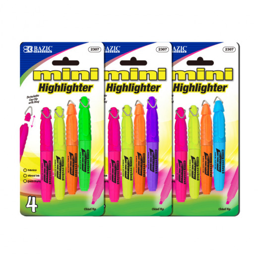 Bazic Mini Fluorescent Highlighter With Cap Clip (4/Pack), Assorted Colors