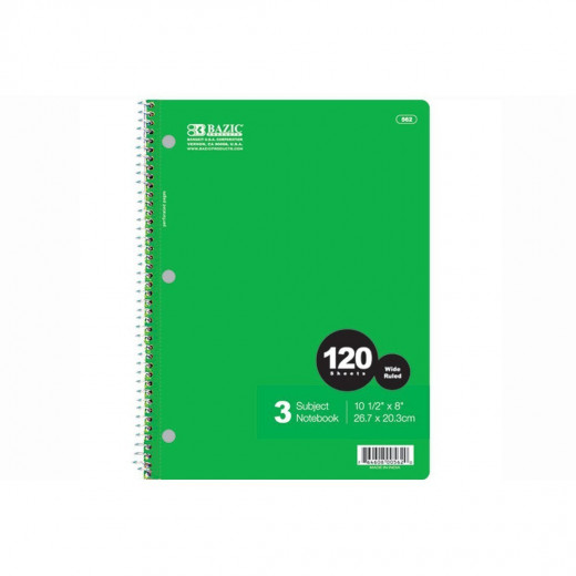Bazic Spiral-Bound Wide Ruled 3-subject Notebook, 120 Sheets
