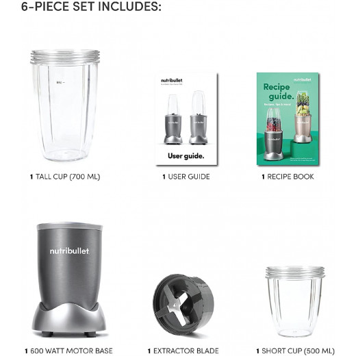 Nutribullet 6-Piece High-Speed Blender/Mixer System, 600 watts, Grey-NBR-0612