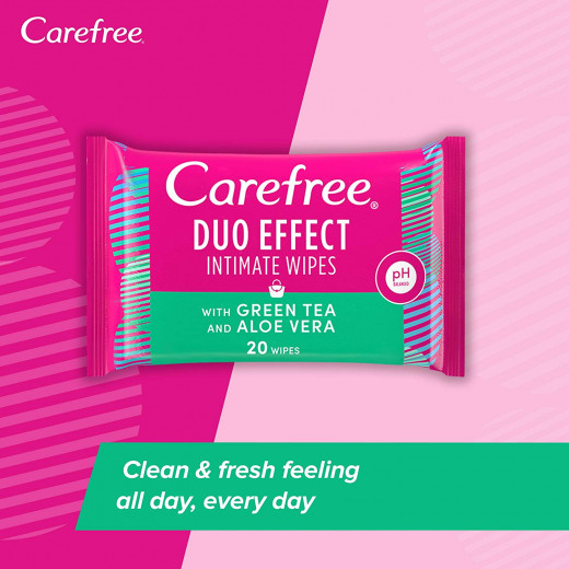 Carefree Duo Effect Intimate Wipes With Green Tea And Aloe Vera, 20 Wipes