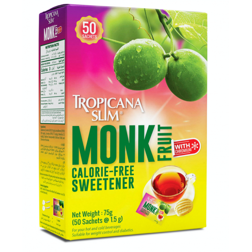 Tropicana Slim Monk Fruit Sweetener With Chromium, 50 Sachets, 1.5 Gram