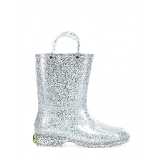 Western Chief Kids Glitter Rain Boots, Silver Color, Size 32