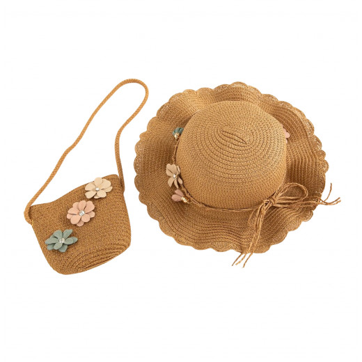 قبعة وحقيبة صيفية من القش للأطفال، بتصميم الورود, باللون البني