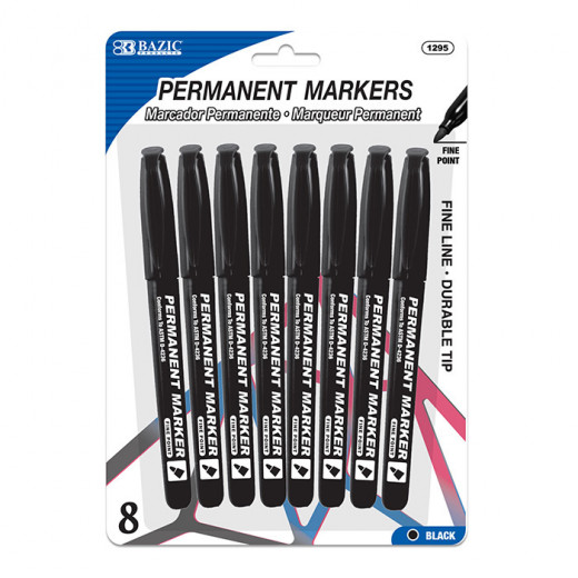 Bazic Fine Tip Permanent Markers Pocket Clip, Black Color, 8Pack