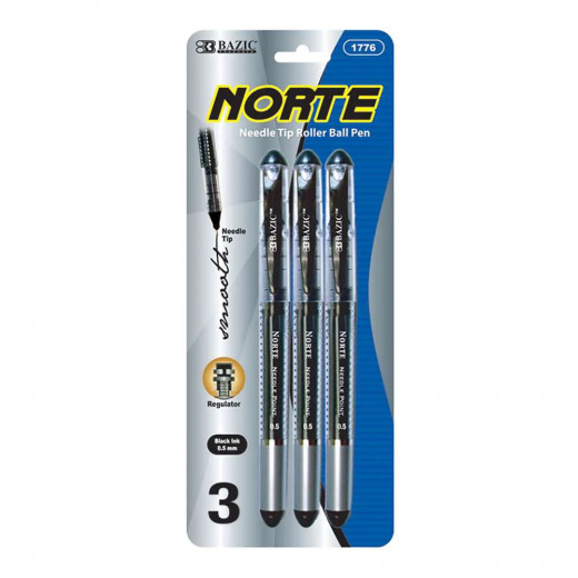Bazic Norte Needle Tip Rollerball Pen, Black Color, 3 Pack