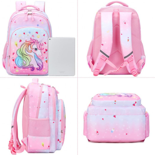 حقيبة ظهر مدرسية باللون الزهري بتصميم يونيكورن ، 3 قطع