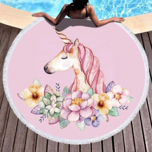Round Beach Towel, Unicorn Design
