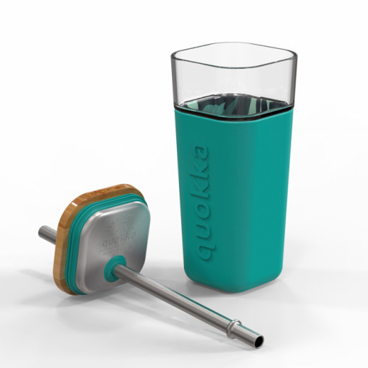 Quokka Glass Tumbler with Steel Straw, Turquoise Color, 540 Ml