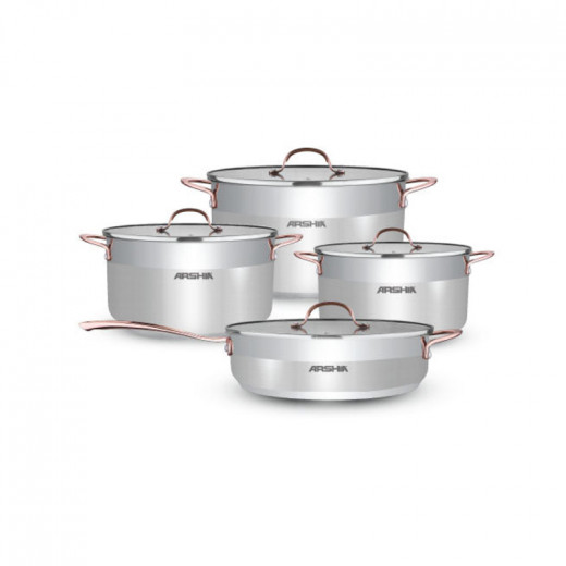 Arshia Premium Double Lid Copper stainless Steel Cookware 8 Piece Set , Interchangable double lid glass and a stailess steel.