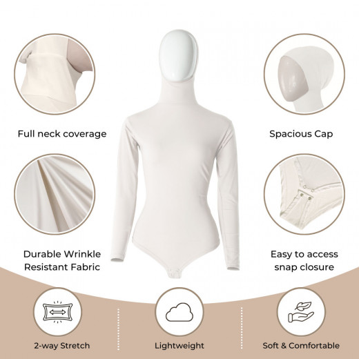 RUUQ Women's Bodysuit Long Sleeve with Hijab Cap - Ivory - 2XL