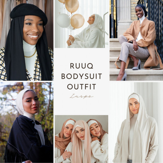 RUUQ Women's Bodysuit Long Sleeve with Hijab Cap - Ivory - 2XL