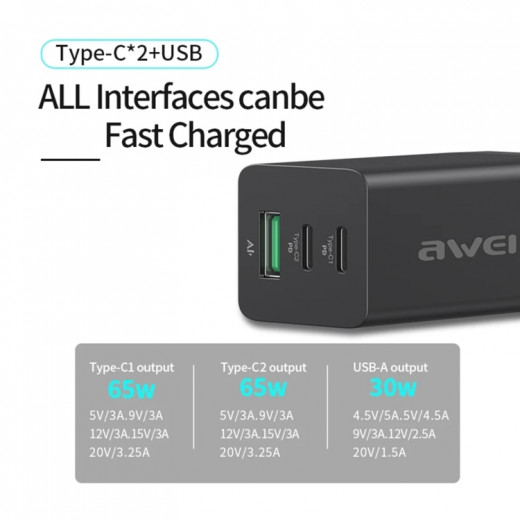 awei PD9 65W Dual Type-C / USB-C + USB GaN Fast  Charging Travel Charger