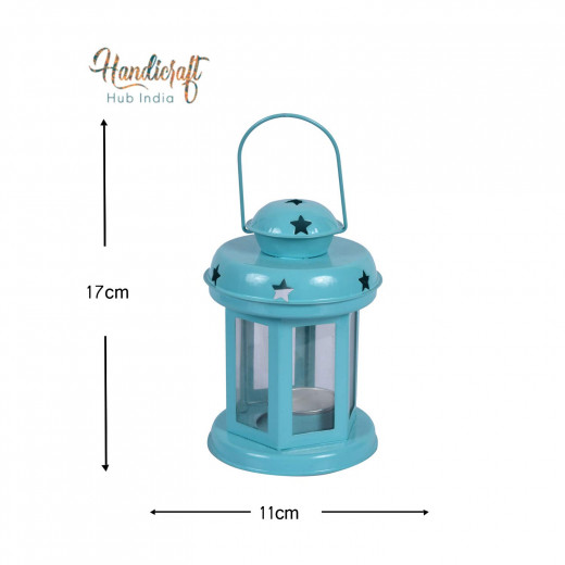 Decorative Iron Lantern with Tea Light Candle for Lightening and Home or Office Use (6x3.7x3.7 Inch- Sky Blue)