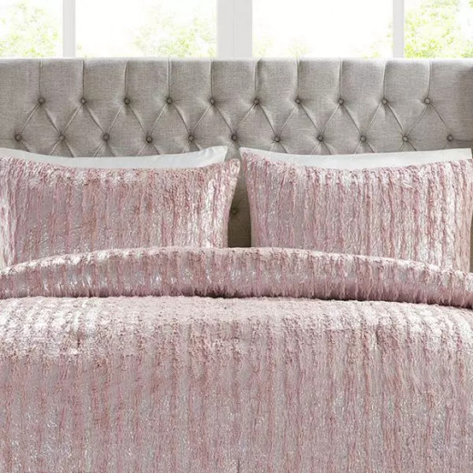 Nova Home Harlow Winter Silver Metallic Print Fur Comforter, Pink Color, Twin Size 4 Pieces