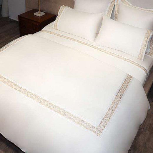 Nova Home "Oriental" Embroidery Duvet Cover Set, Cotton, White & Gold Color, King Size, 7 Pieces