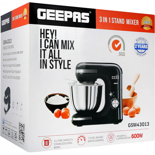 Geepas 3 In 1 Mixer Cum Blender 600w - 7 Level Speed, 5 Litre Stainless Steel Bowl