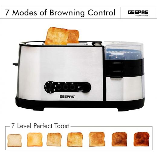 Geepas 5 In 1 Toaster With Egg Boiler And Poachers, Stainless Steel 2 Slice Toaster