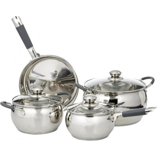 Royalford RF5123 Cookware Set of 7, Highly Durable Design, Tempered Glass Lid, PFOA Free, Silver, Stainless Steel