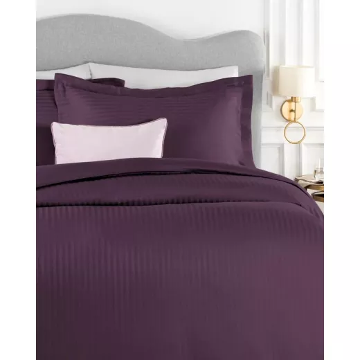 Madame Coco Elicia Super King Size Striped Satin Duvet Cover Set - Plum