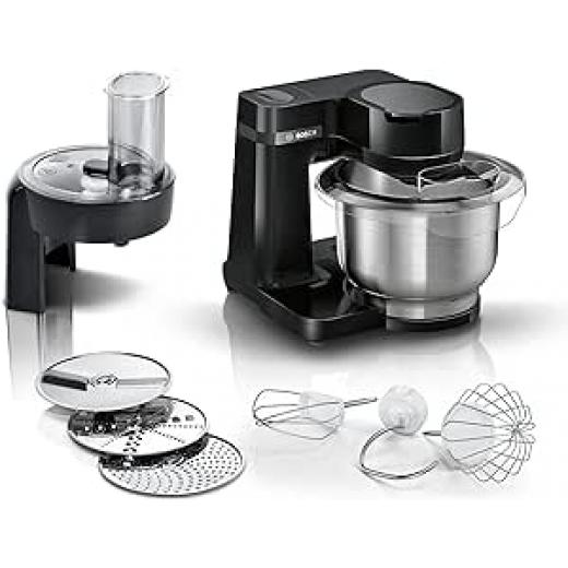 Bosch MUMS2EB01 MUM Series 2 household appliance food processor, stainless steel bowl 3.8 litres, planetary mixer, dough hook, whisk, beater, stainless steel, continuous slicer, 3 discs, 700 watt, black