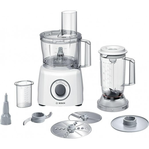 Bosch MultiTalent 3 MCM3200W Compact Food Processor, 30 Functions, 2.3 L Mixing Bowl, 1.0 L Mixer, Utility Knife, Cutting and Rasping (Fine, Coarse), Percussion Disc (Cream, Egg White), 800 W, White [Energy Class B]