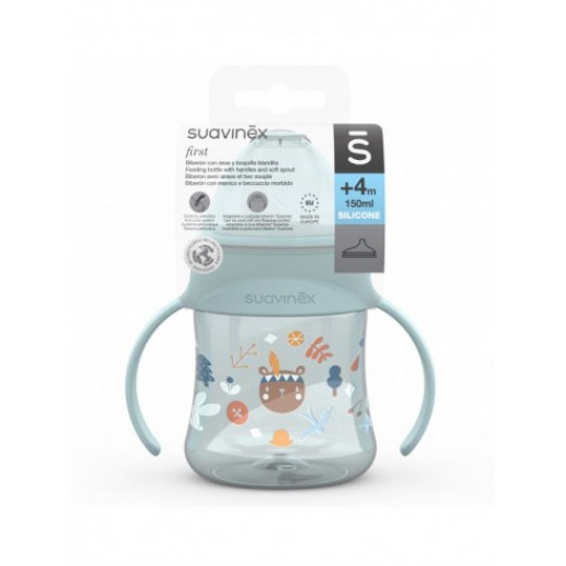 Suavinex Bottle With Handles First 150Ml. With Anti-Spill Silicone Nipple. For Babies +4 Months, Colour Green