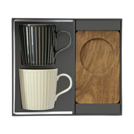 Easy Life Set of Two 380ml Porcelain Mugs with Acacia Saucers in Black and White Gift Box