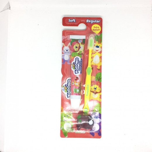 Kodomo 2 in 1 Zig Zag Strawberry Flavored Brush and Toothpaste with Free Small Gift, Yellow