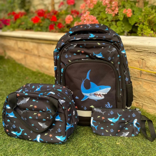 Boys School Backpack with Lunch Bag & Pencil Case Shark Design