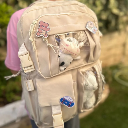 Students Kid Children School Backbag With Pins And Bear Badge, Beige Color