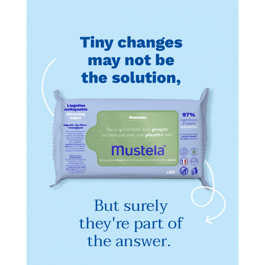 Mustela Baby Cleansing Wipes with Natural Avocado - For Face, Body & Diaper Area - Made with Compostable & Plastic Free Fibers - 60 units