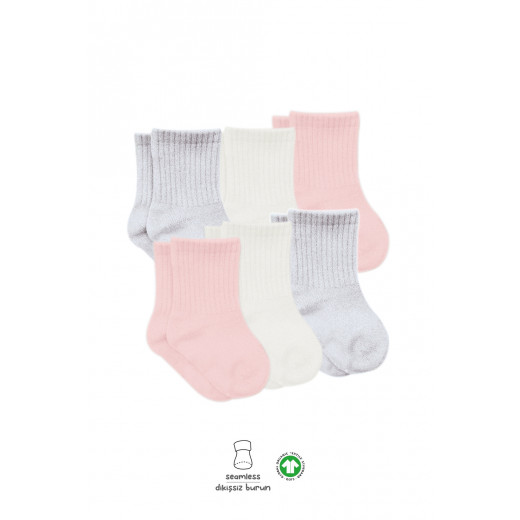 Bistyle Basic 6-Pairs Combed Flat Quarter Socks (12-24 m) (Pink, Grey, Beige)