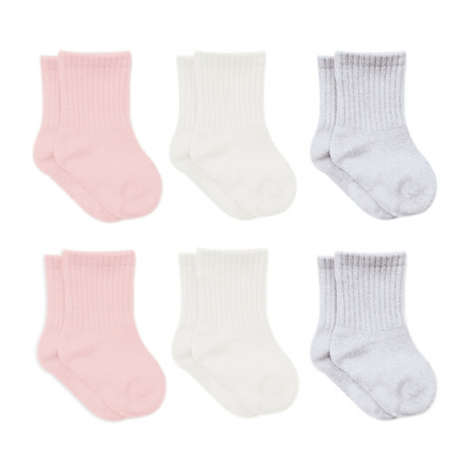 Bistyle Basic 6-Pairs Combed Flat Quarter Socks (24-36 m) (Pink, Grey, Beige)