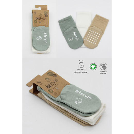 Bistyle Organic 3-Pairs Basic Non-slip Socks (6-12 m) (Green, Brown, Beige)