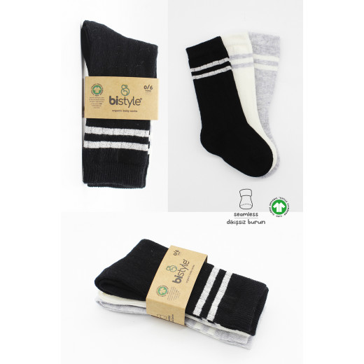 Bistyle 3-Pairs Knee Socks (12-24 m) Lines (Black, Grey, Beige)