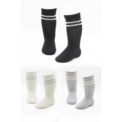 Bistyle 3-Pairs Knee Socks (12-24 m) Lines (Black, Grey, Beige)