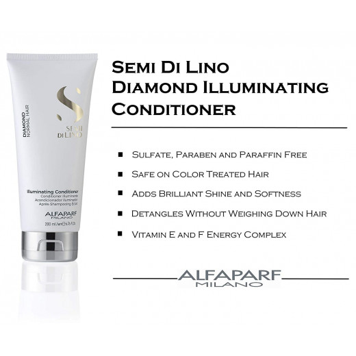 Alfaparf Milano Semi Di Lino Diamond Illuminating Hair conditionar - Color Safe Deep Conditioner for Color Treated Hair - Adds Shine and Body - Sulfate, Paraben and Paraffin Free 200ml