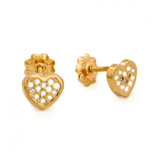 shining heart gold stud earrings with cubic zicronia